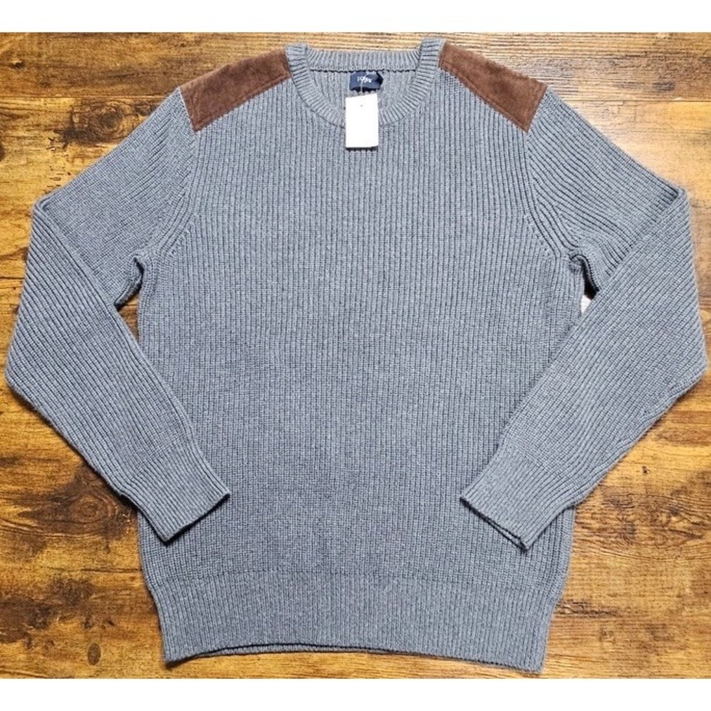 J.Crew Woodsman Sweater Gray Ribbed Cotton Suede Shoulder Patch Mens L G9099 NWT